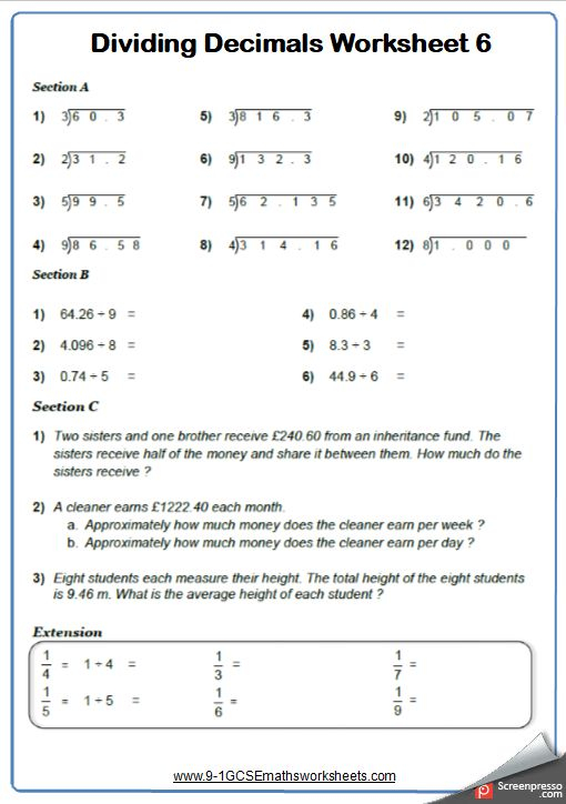 Decimals Mixed Questions Maths Worksheet And Answers GCSE Foundation 