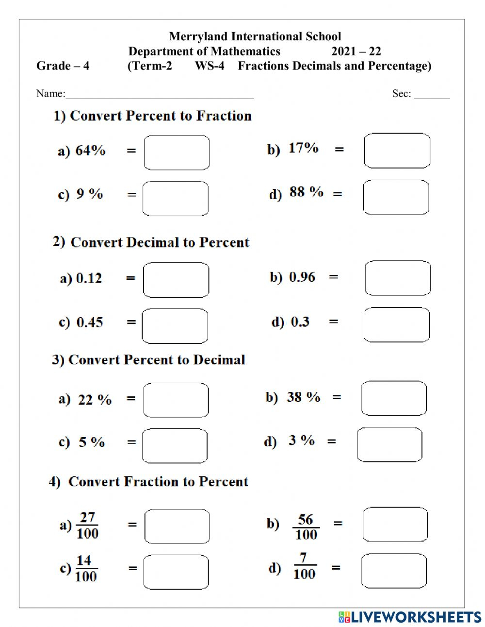 Percentages Decimals Fractions Worksheet Doc