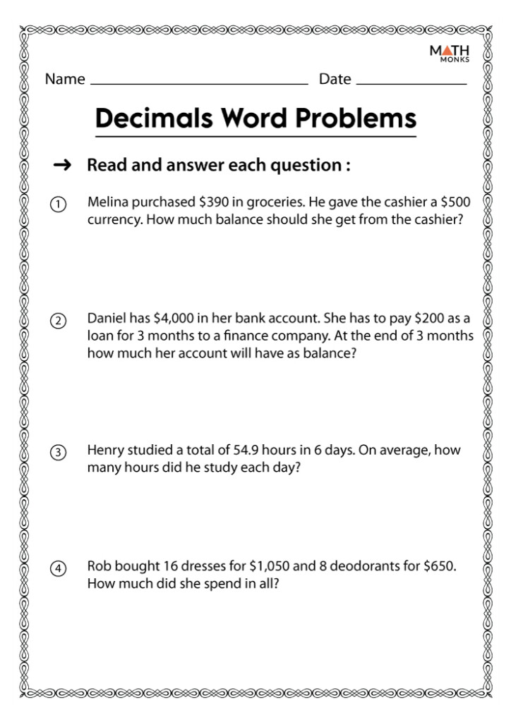 Decimals Worksheets Math Monks