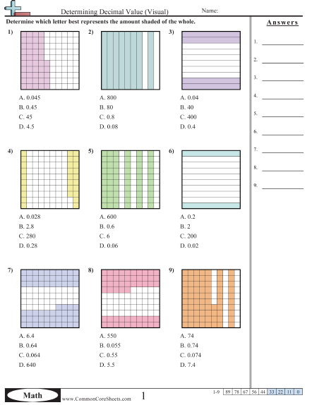 Determining Decimal Value Visual Worksheet Decimals Worksheets 