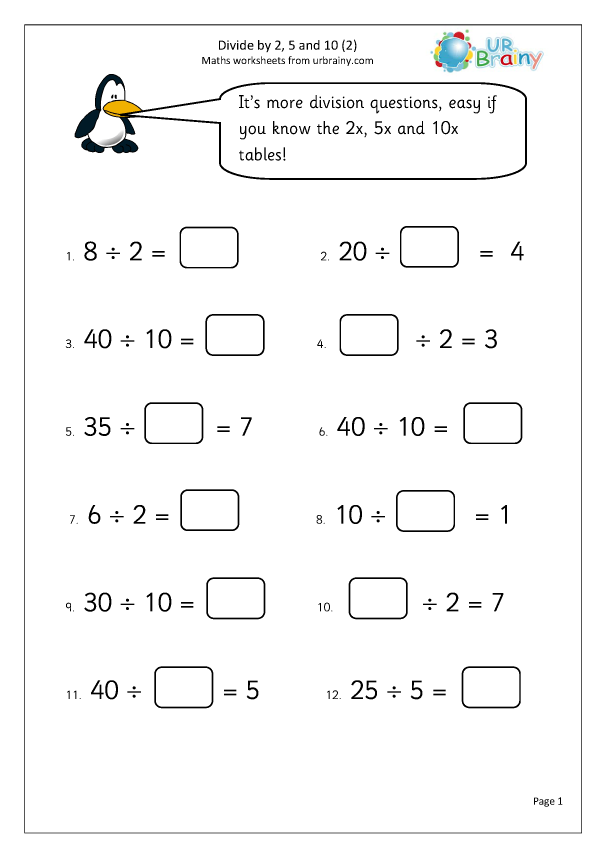 Divide By 2 5 And 10 2 Division Maths Worksheets For Year 2 age 6