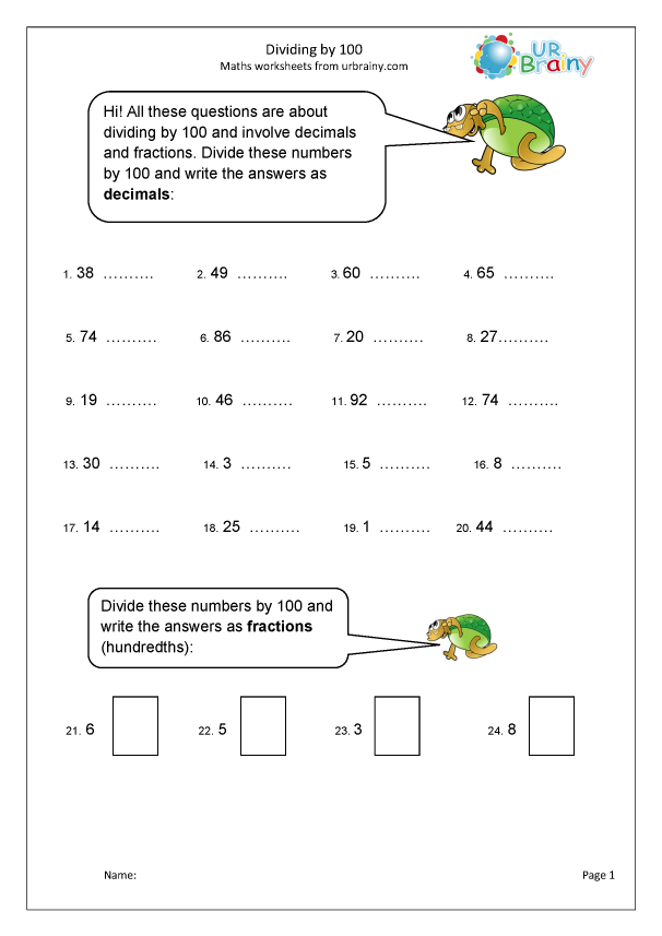 Divide By One Hundred Fraction And Decimal Worksheets For Year 4 age 