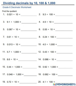 Divide Decimals With 10 10 1000 Worksheet - Decimalworksheets.net