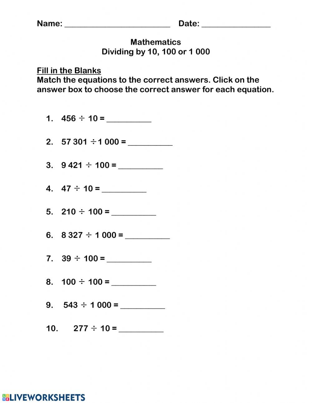 Dividing By 10 100 Or 1 000 Worksheet