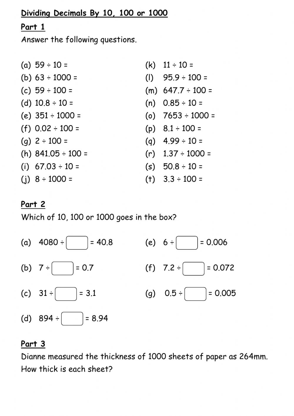 Dividing By Powers Of 10 Worksheet