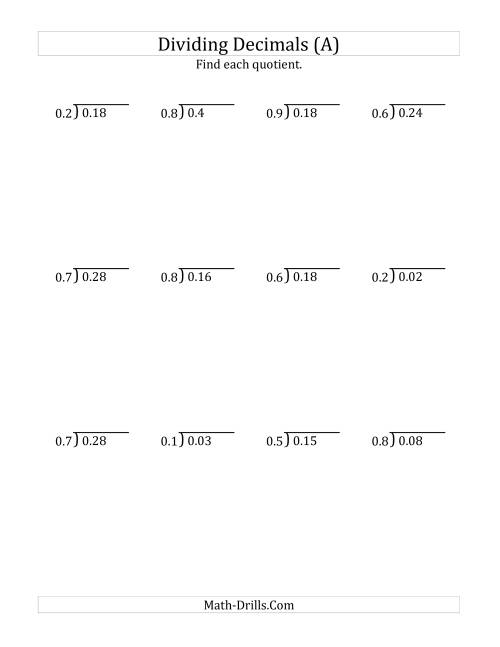 Dividing Decimals By 1 Digit Tenths A 