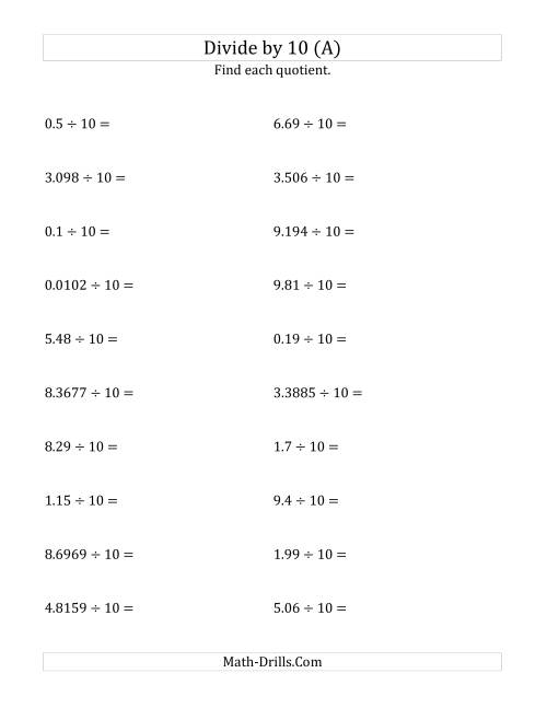 Dividing Decimals By 10 A 