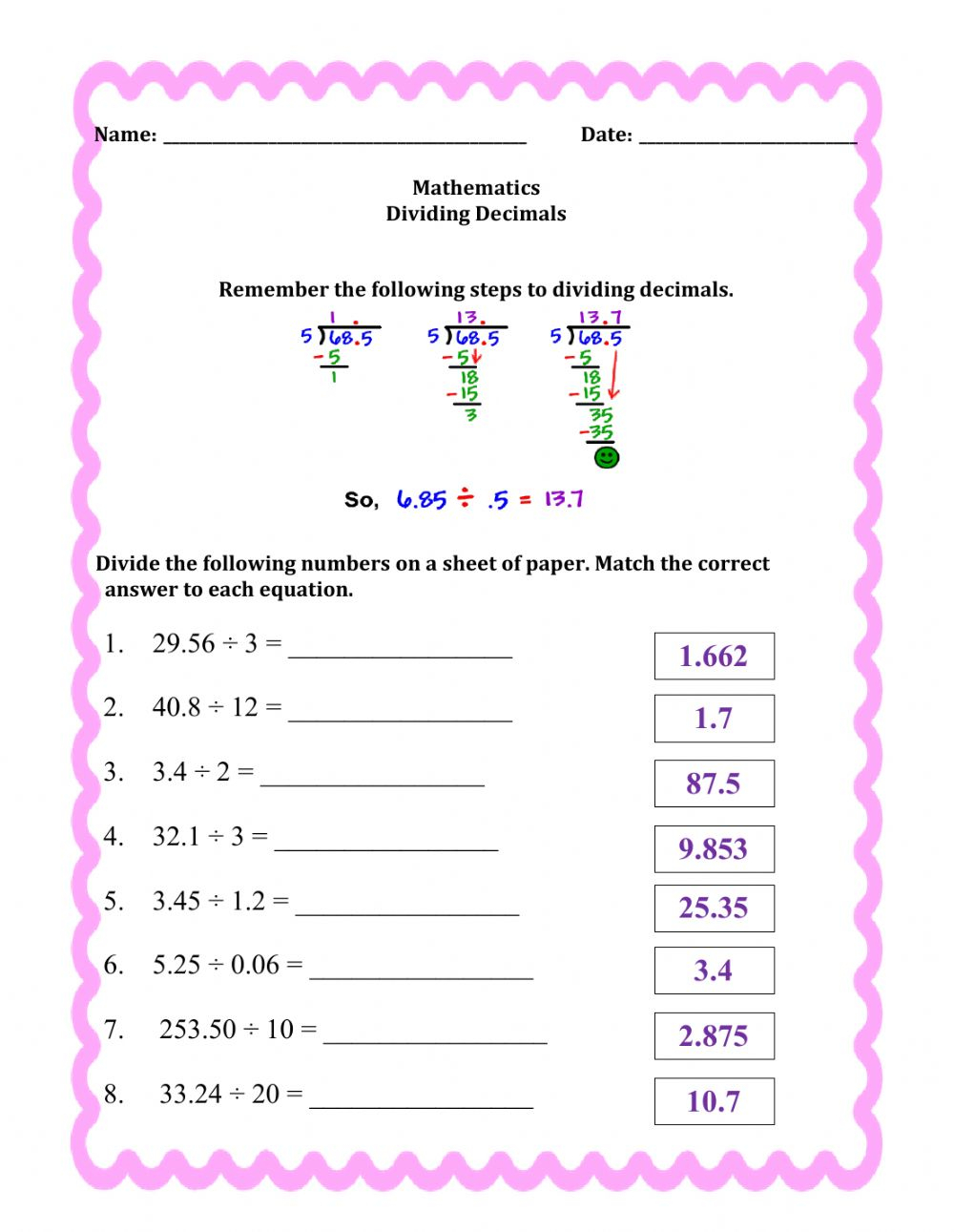 Dividing Decimals Interactive Worksheet