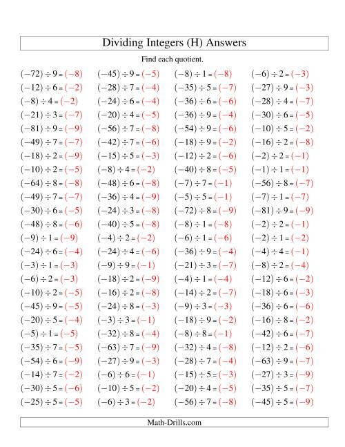 Dividing Integers Negative Divided By A Positive Range 9 To 9 H