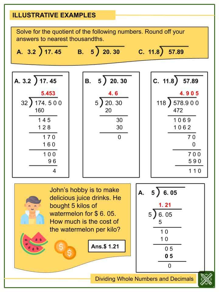 Dividing Whole Numbers And Decimals Tenths To Thousandths Worksheets 