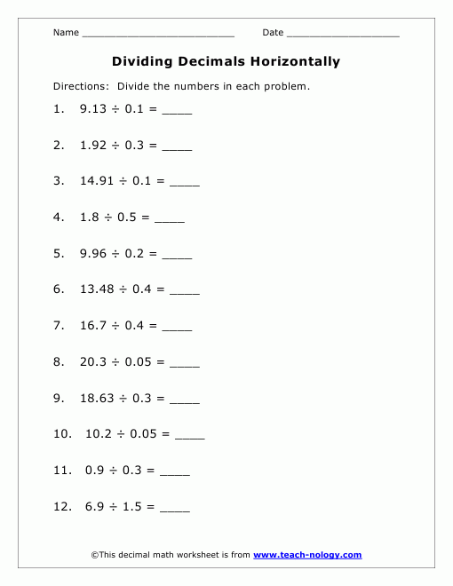 Dividing With Decimals Worksheets