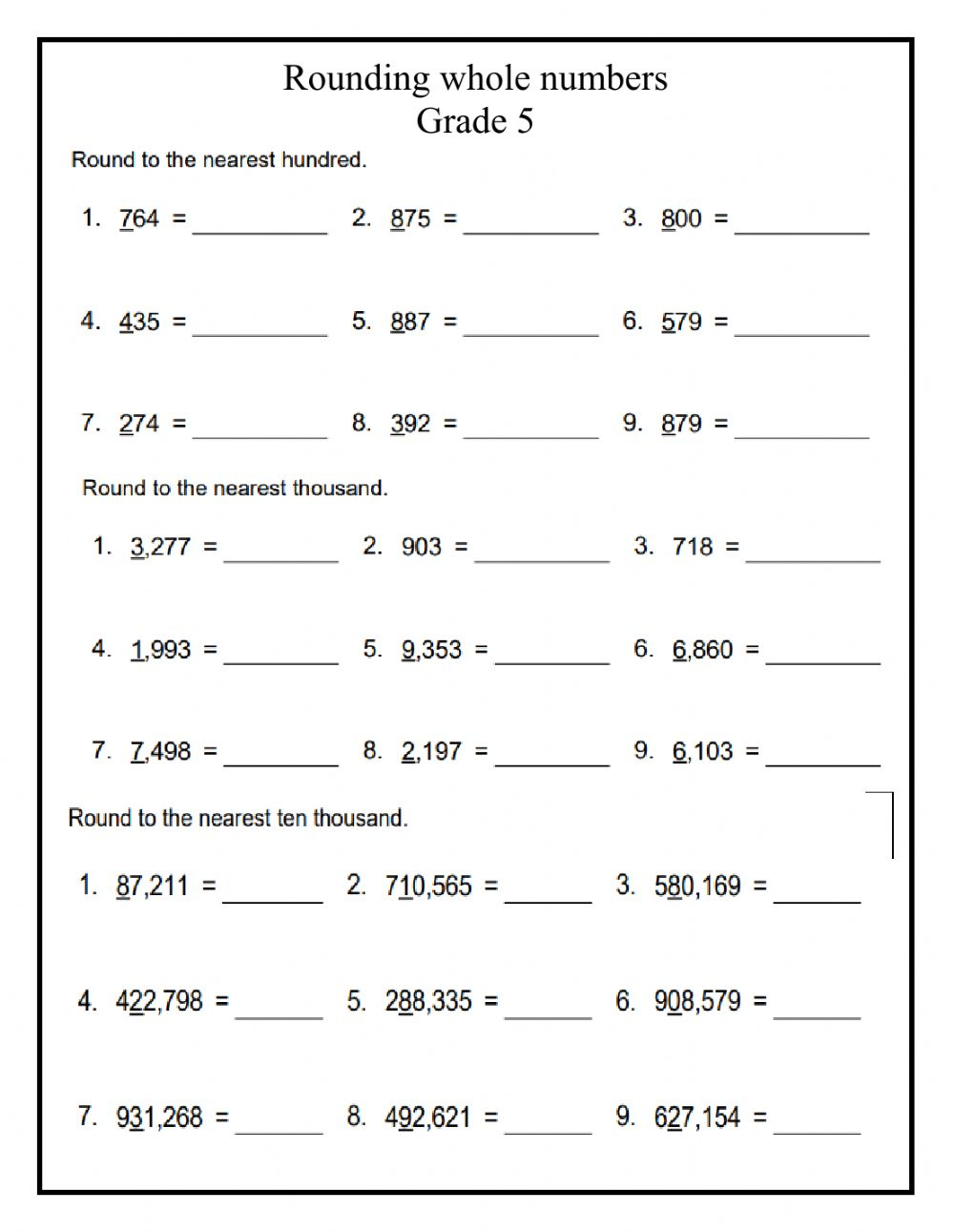 Ejercicio De Rounding Whole Numbers Grade 5