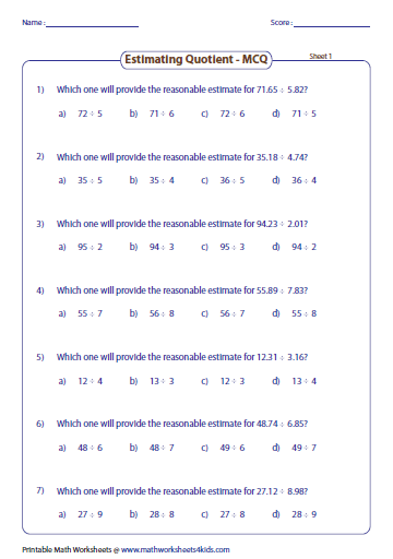 Estimating Decimals And Fractions Worksheets