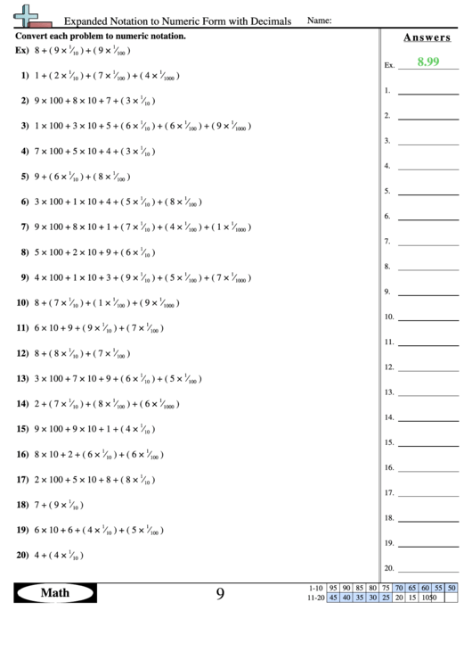 Expanded Notation To Numeric Form With Decimals Worksheet With Answer 