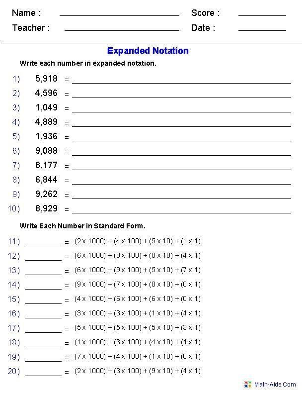 Expanded Notation Using Integers Place Value Worksheets Place Value 