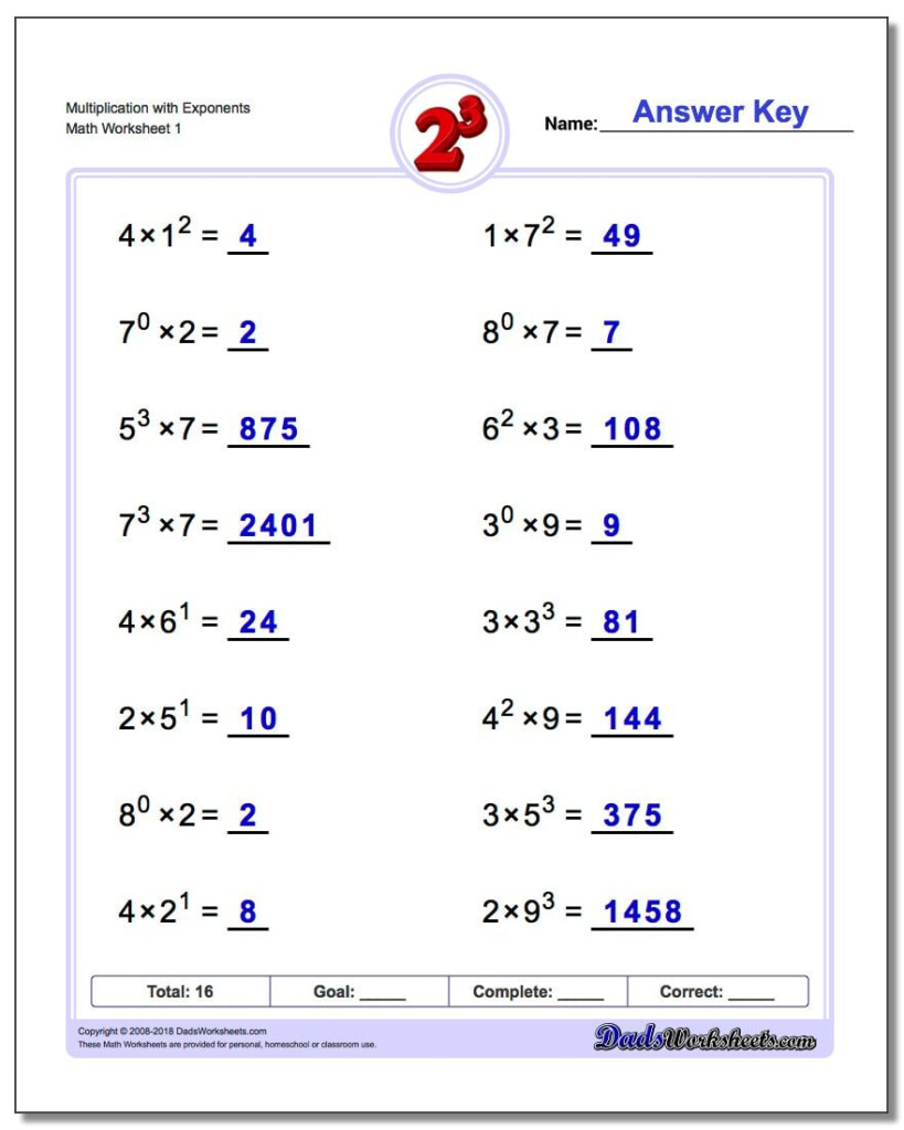 Exponents Worksheets