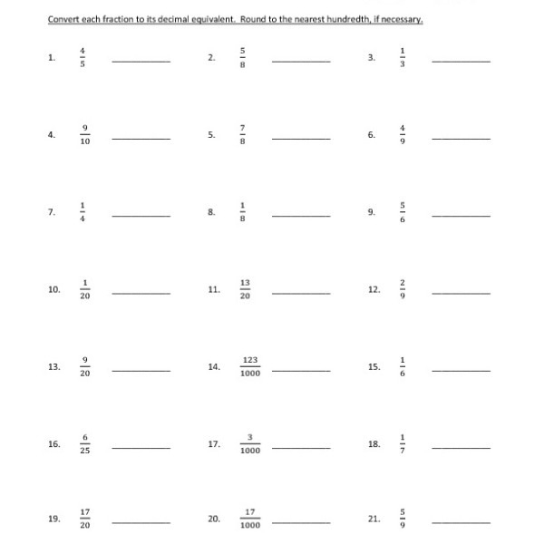 Fifth Grade Convert Fractions To Decimals Worksheet 06 One Page 