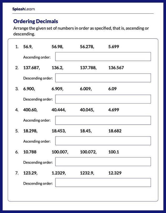 Fifth Grade Math Worksheets Free Printable K5 Learning Decimals Class 