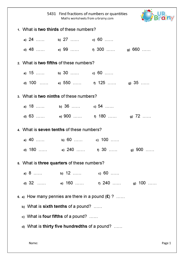 Find Fractions Of Numbers Or Quantities Fraction And Decimal 