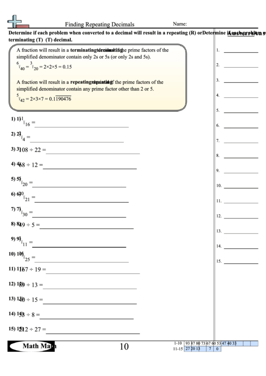 Finding Repeating Decimals Worksheet With Answer Key Printable Pdf Download