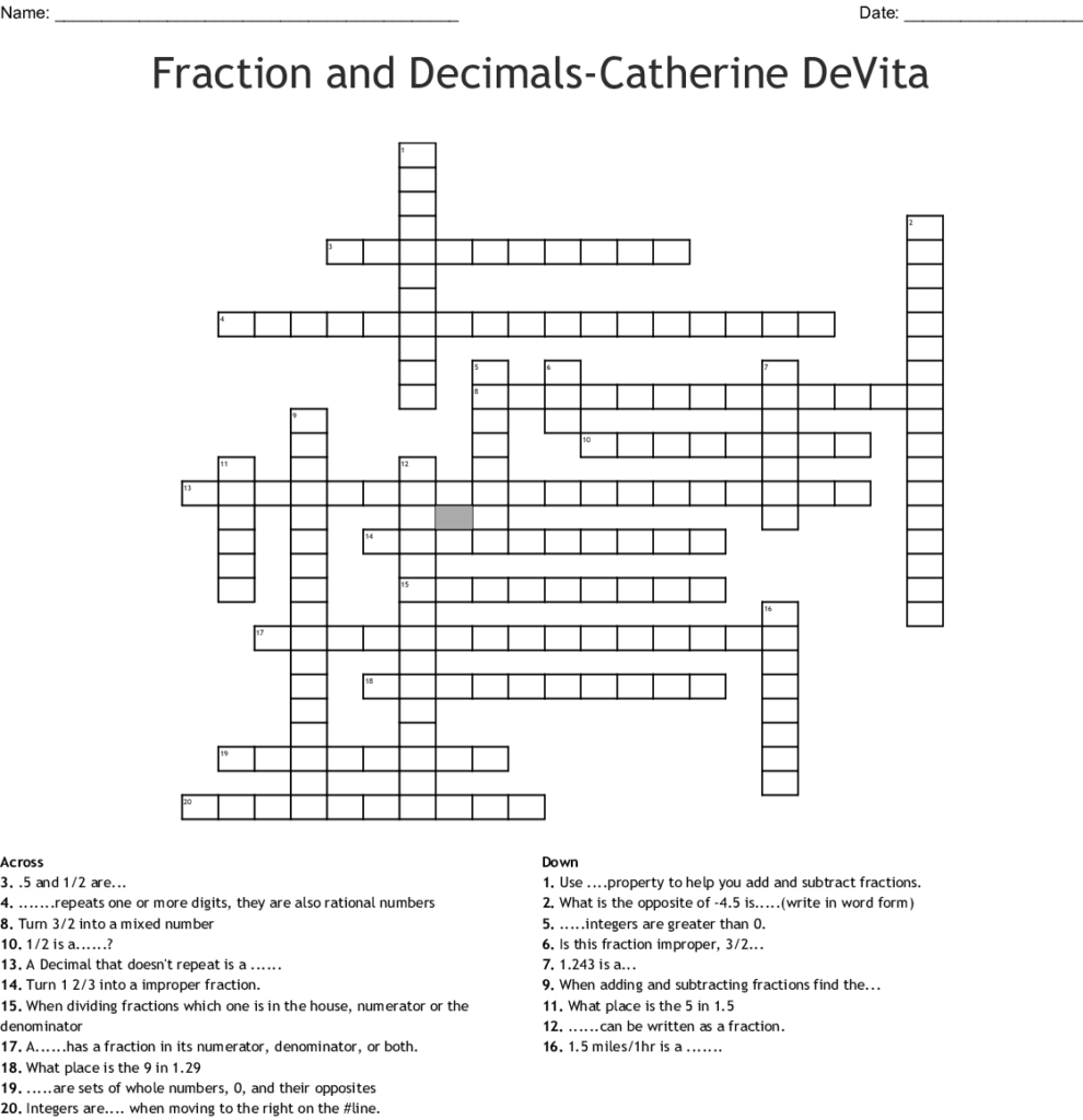 Fraction And Decimals Catherine DeVita Crossword WordMint