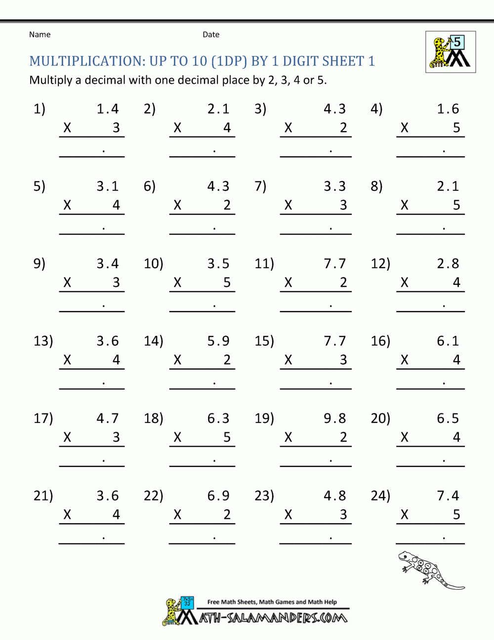 Free 5th Grade Math Sheets Multiplication 2 Digits Decimals Tenths By 1 