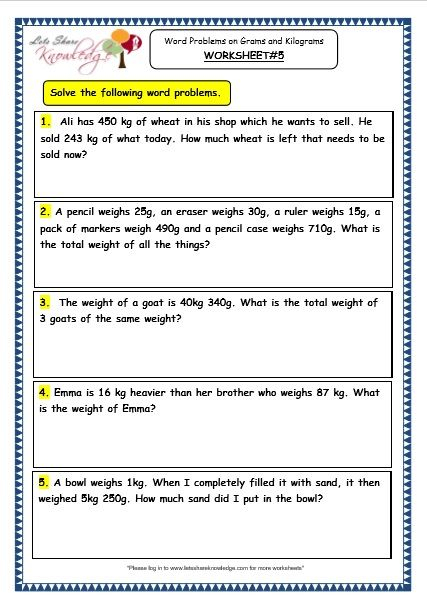 Grade 3 Maths Worksheets 12 7 Word Problems On Grams And Kilograms 