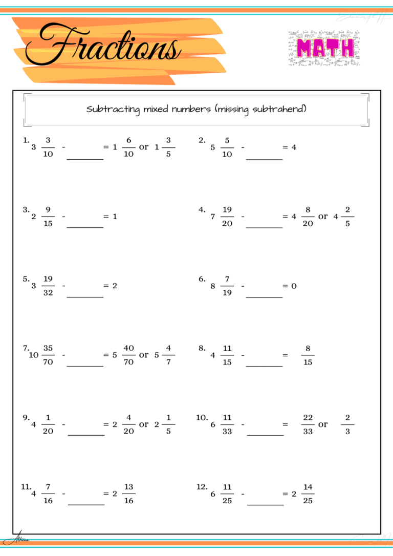 Grade 4 Math Fractions VI Subtraction - Decimalworksheets.net