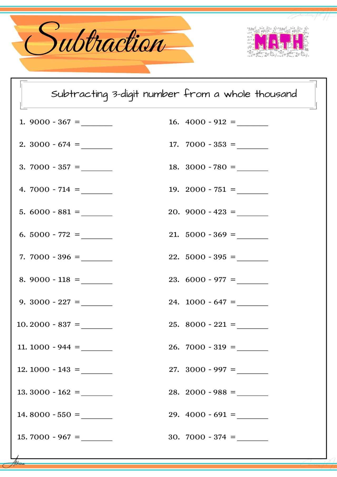 Grade 4 Math Subtraction IV