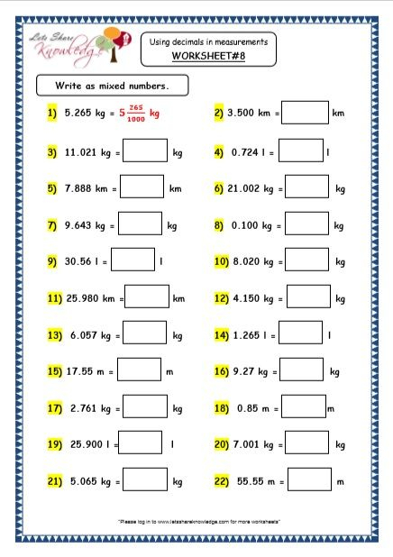 Grade 4 Maths Resources 3 9 Using Decimals In Measurements Printable 