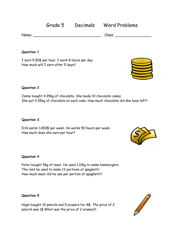 Grade 5 Decimals Word Problems Decimalworksheets Net