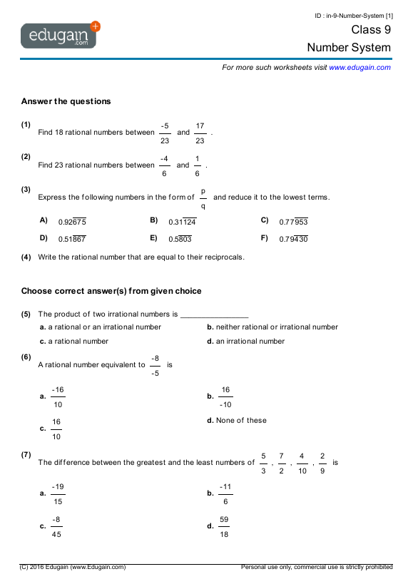 Grade 9 Number System Math Practice Questions Tests Worksheets 