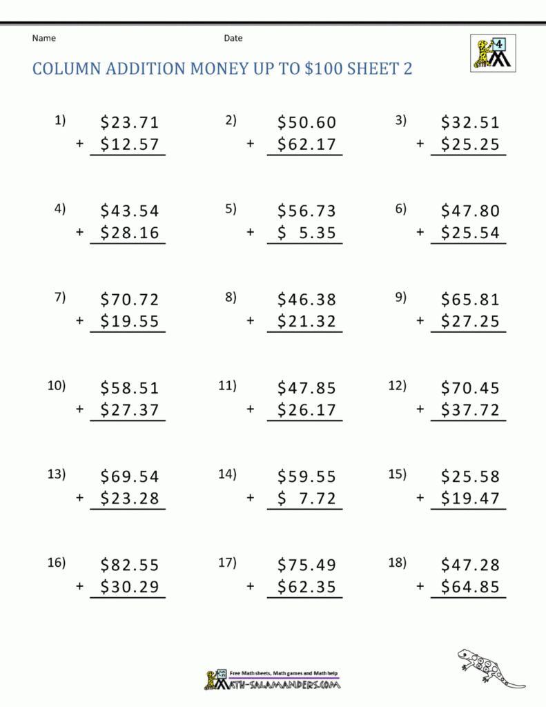 Math Addition Worksheet Collection 4th Grade