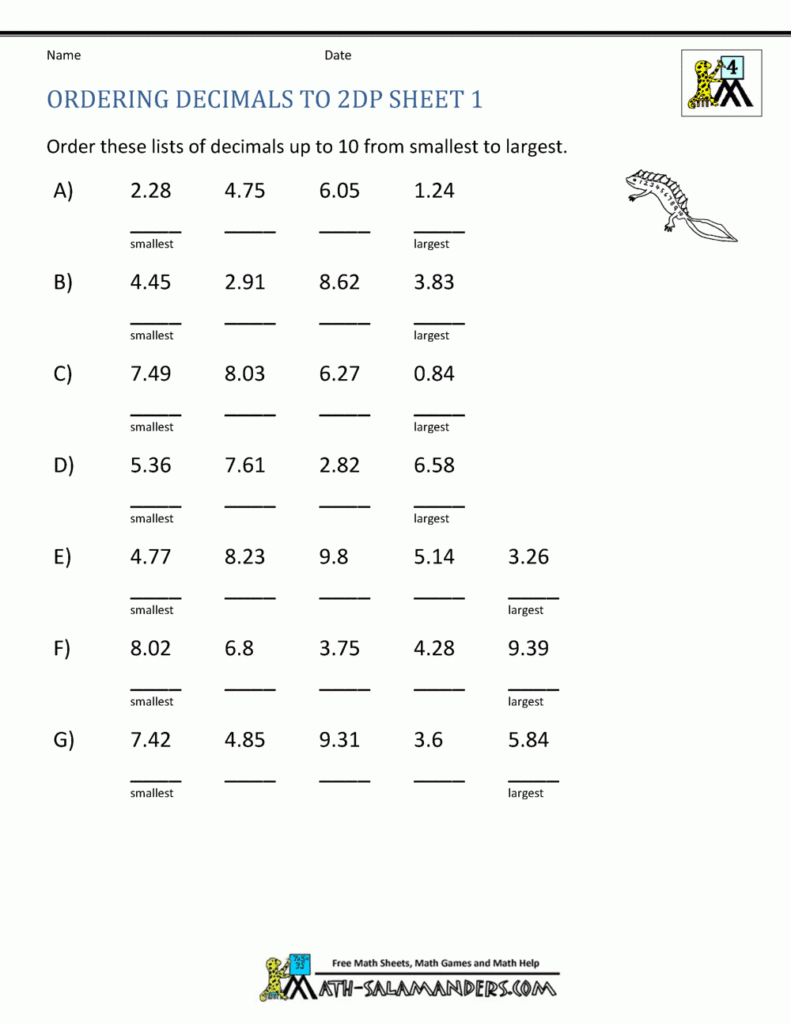 Math Worksheets 4th Grade Ordering Decimals To 2dp