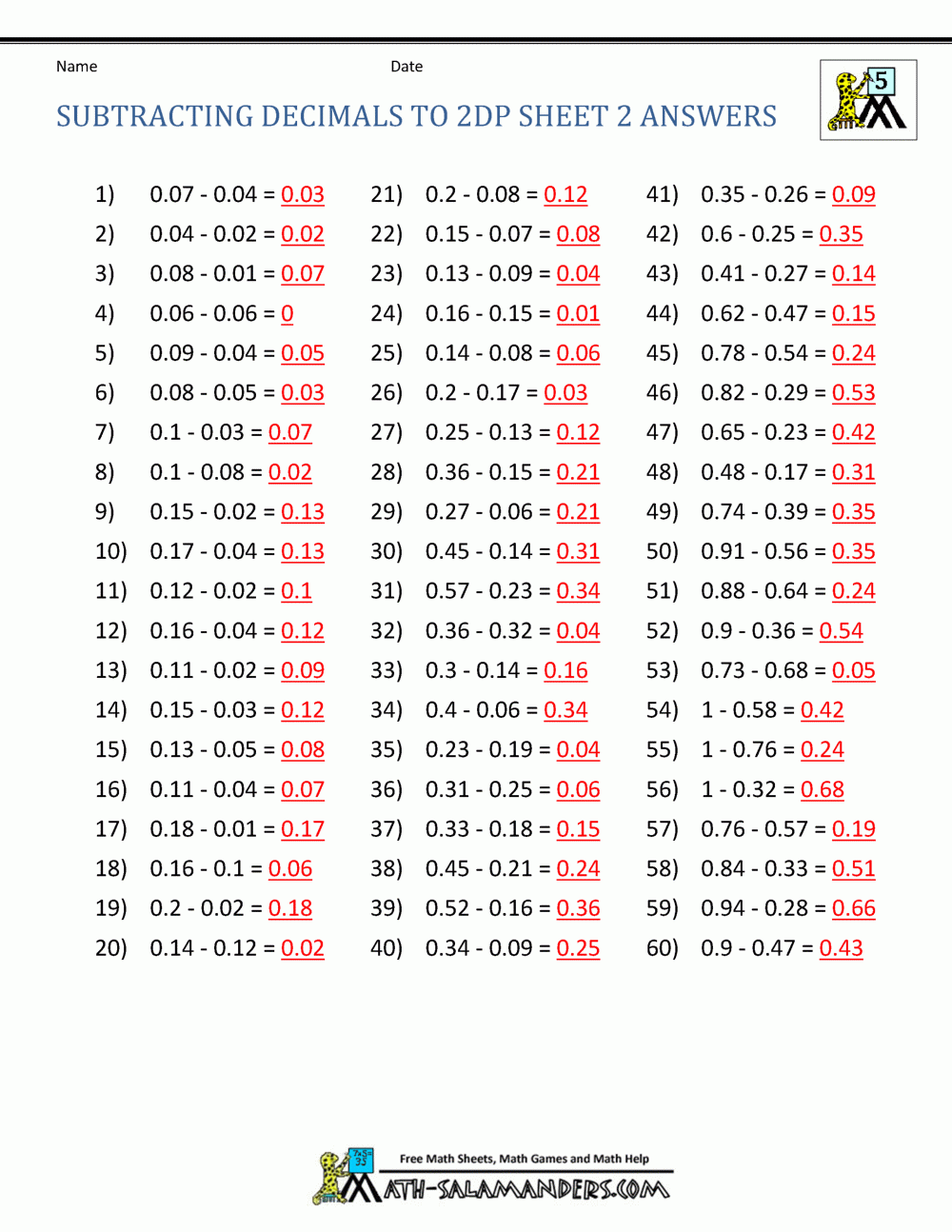 Math Worksheets Decimals Subtraction