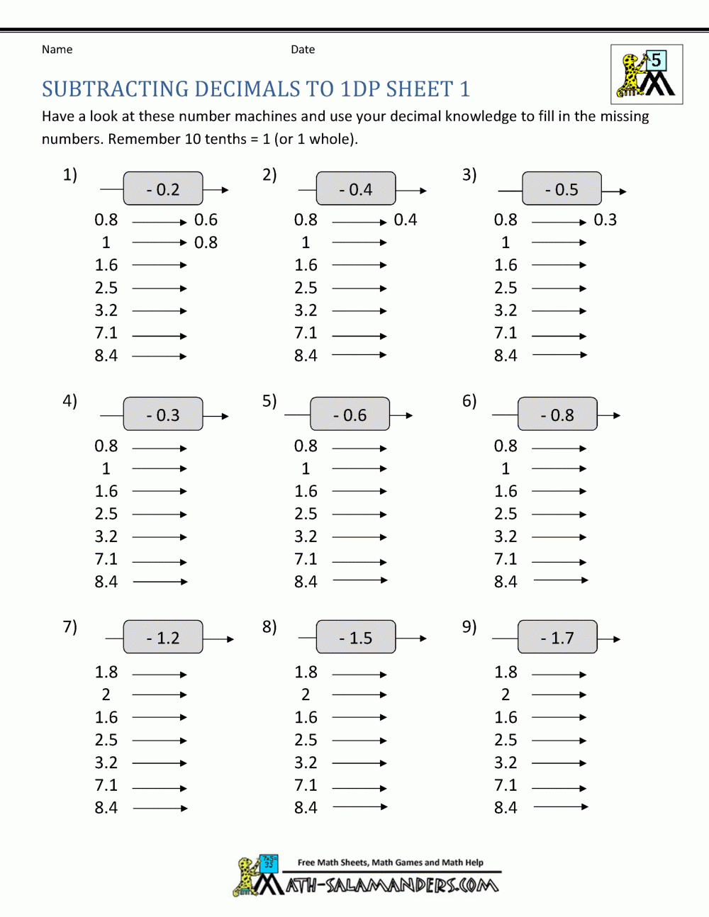 Math Worksheets Decimals Subtraction