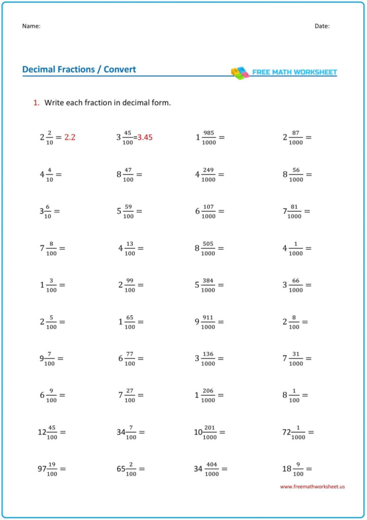 Mixed Fractions To Decimal Free Math Worksheets Math Worksheets 