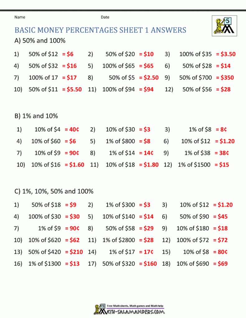 Money Percentage Worksheets