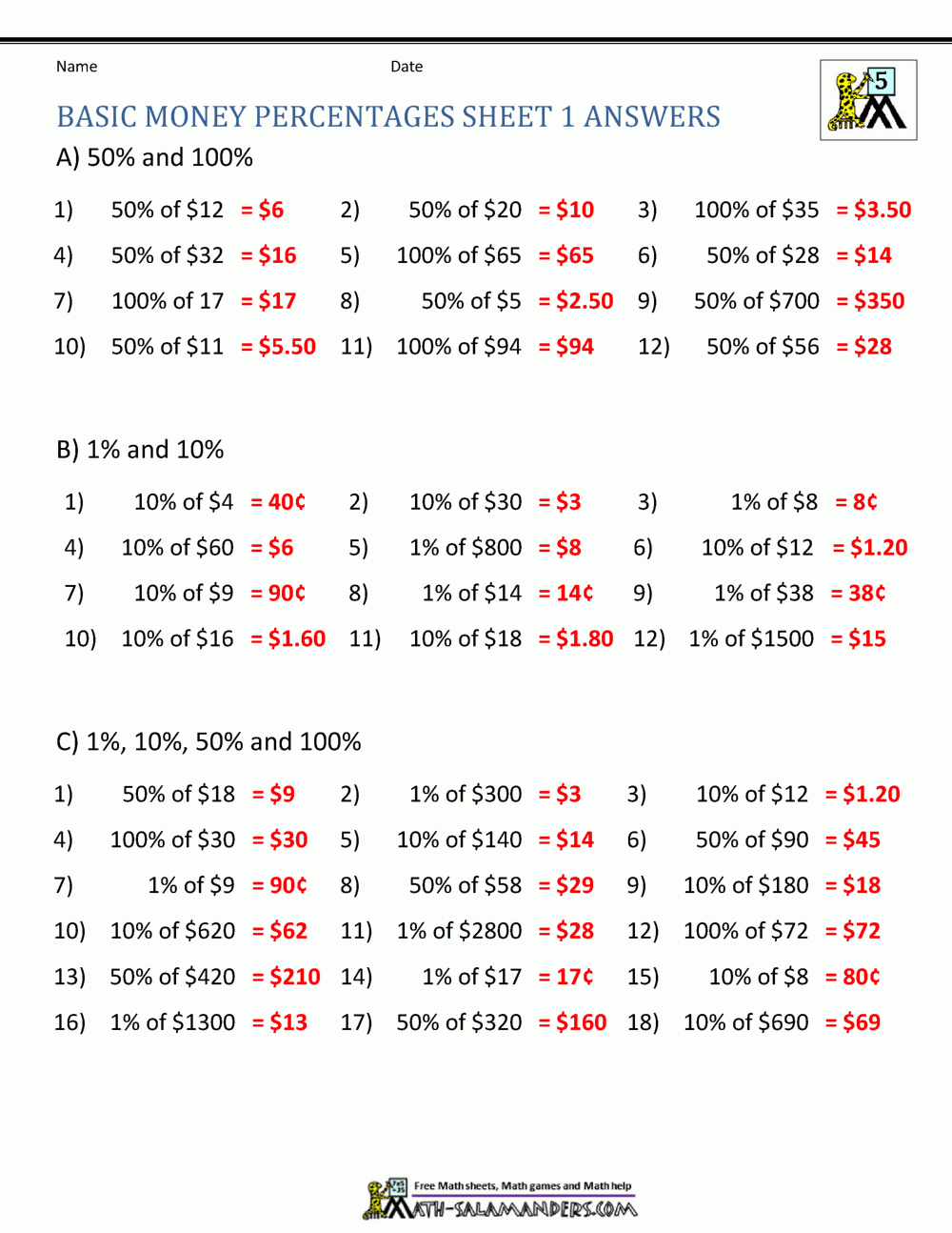 Money Percentage Worksheets