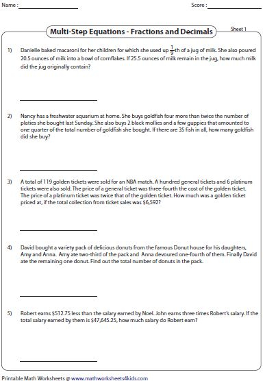 Multi step Equation Word Problems Fractions And Decimals Word 