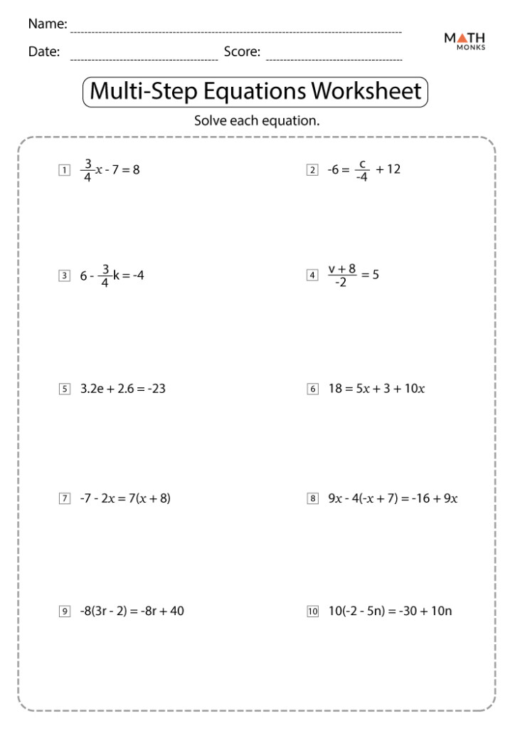 Multi Step Equations Worksheets Math Monks