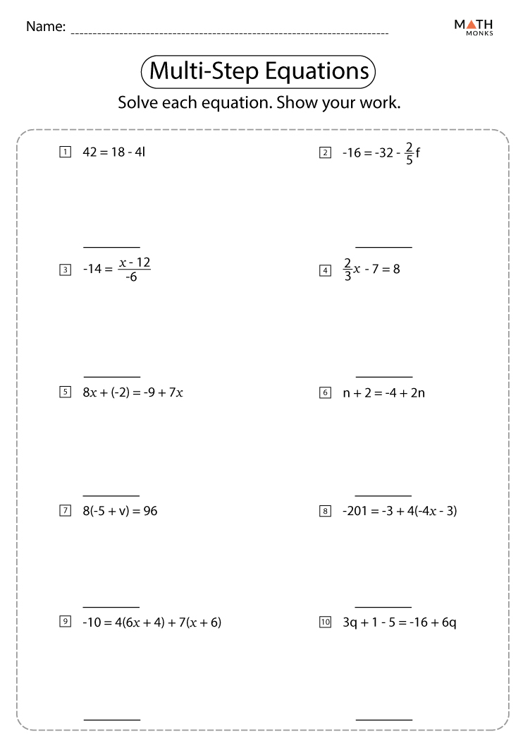 Multi Step Equations Worksheets Math Monks