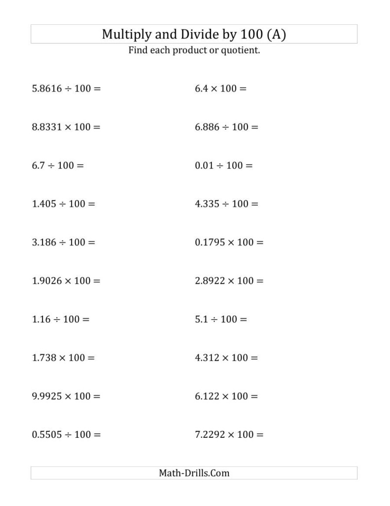 Multiplication Of Decimals By 10 100 And 1000 Worksheets Times Tables 