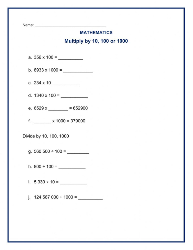 Multiplying Decimals By 10 100 And 1000 Worksheet