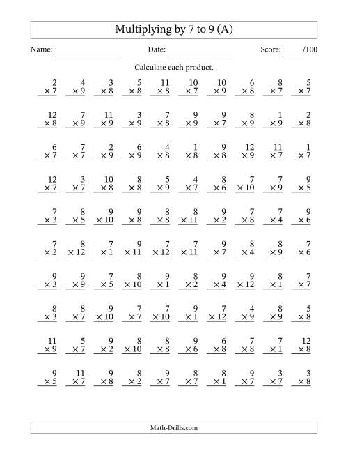 Multiplying 1 To 12 By 7 8 And 9 A Multiplication Worksheet