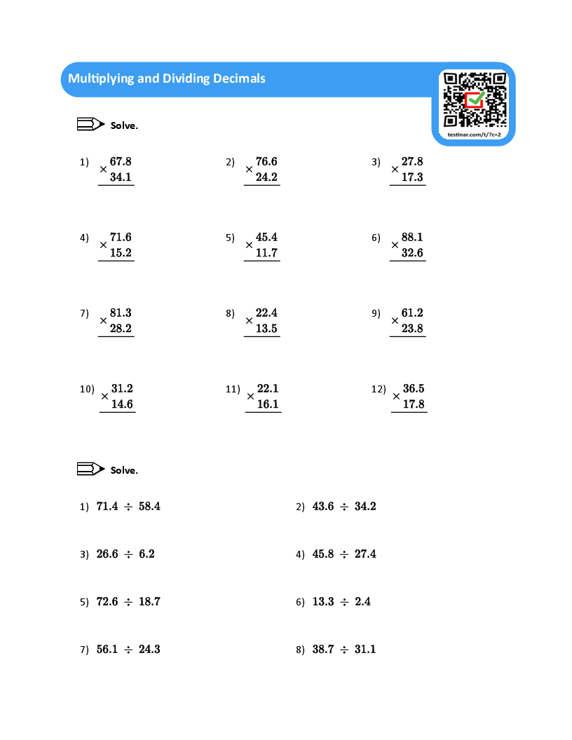 Multiplying And Dividing Decimals Worksheets