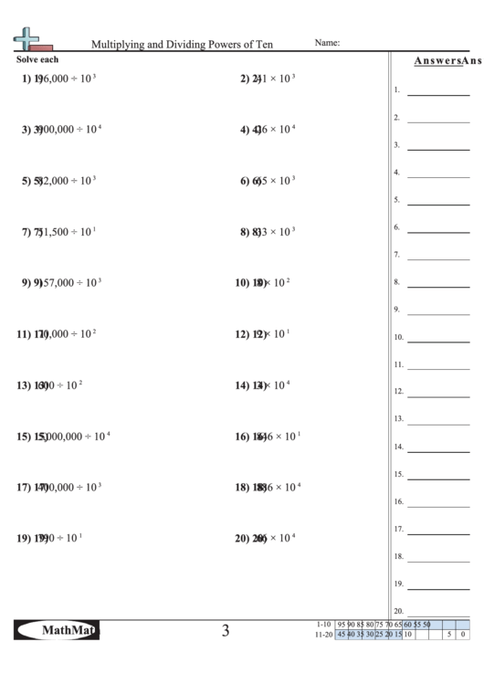 Multiplying And Dividing Powers Of Ten Math Worksheet With Answer Key 