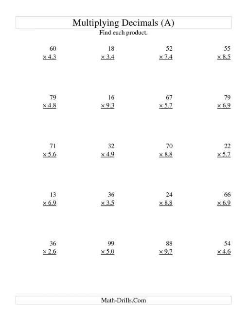 Multiplying Decimals 6Th Grade Worksheets Sixteenth Streets