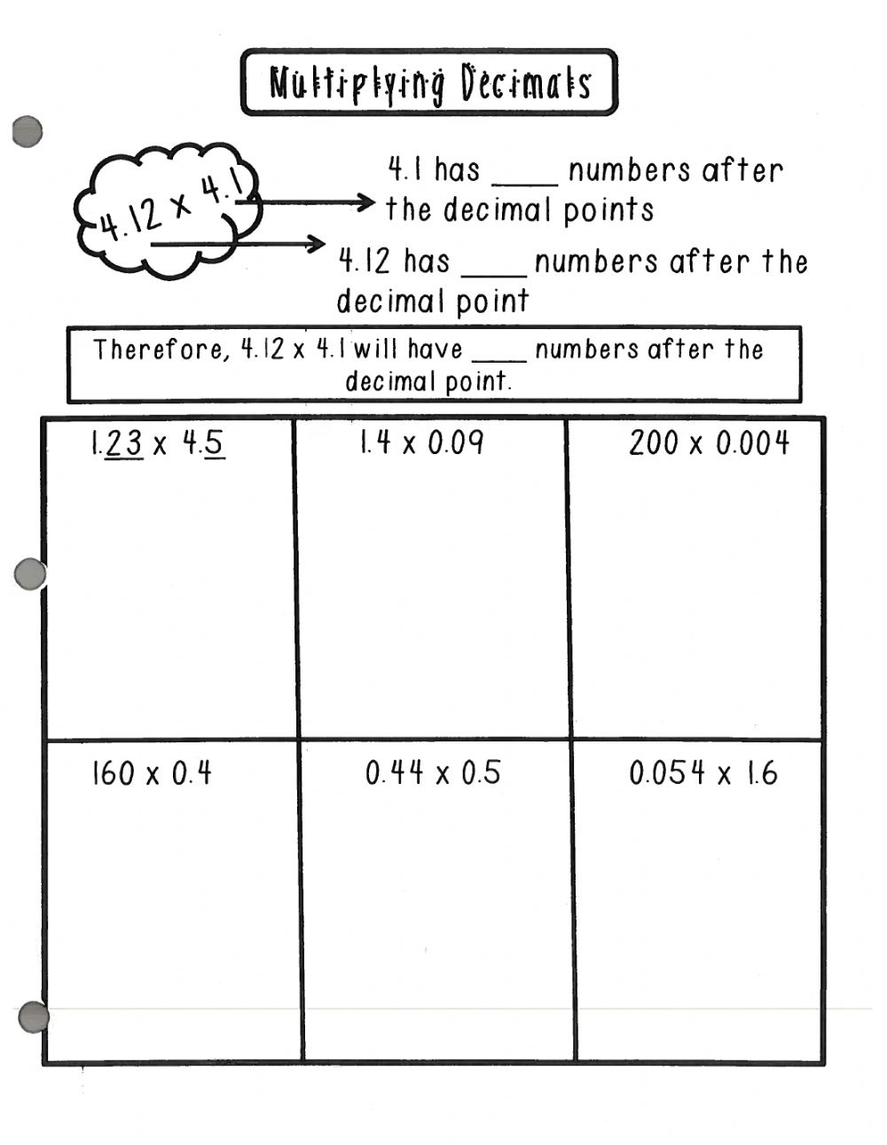 Multiplying Decimals Notes Worksheet