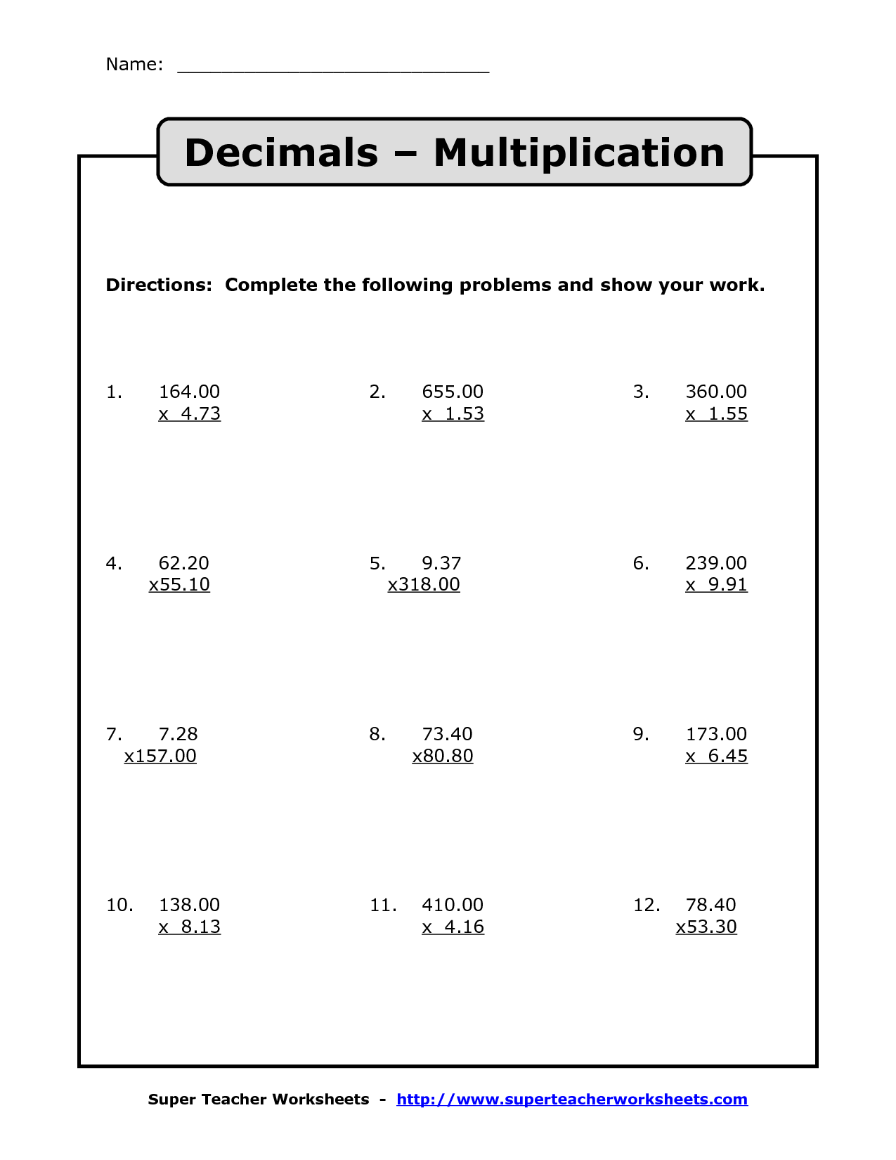 Multiplying Decimals Worksheets Pdf 6th Grade Stepanie Cahill